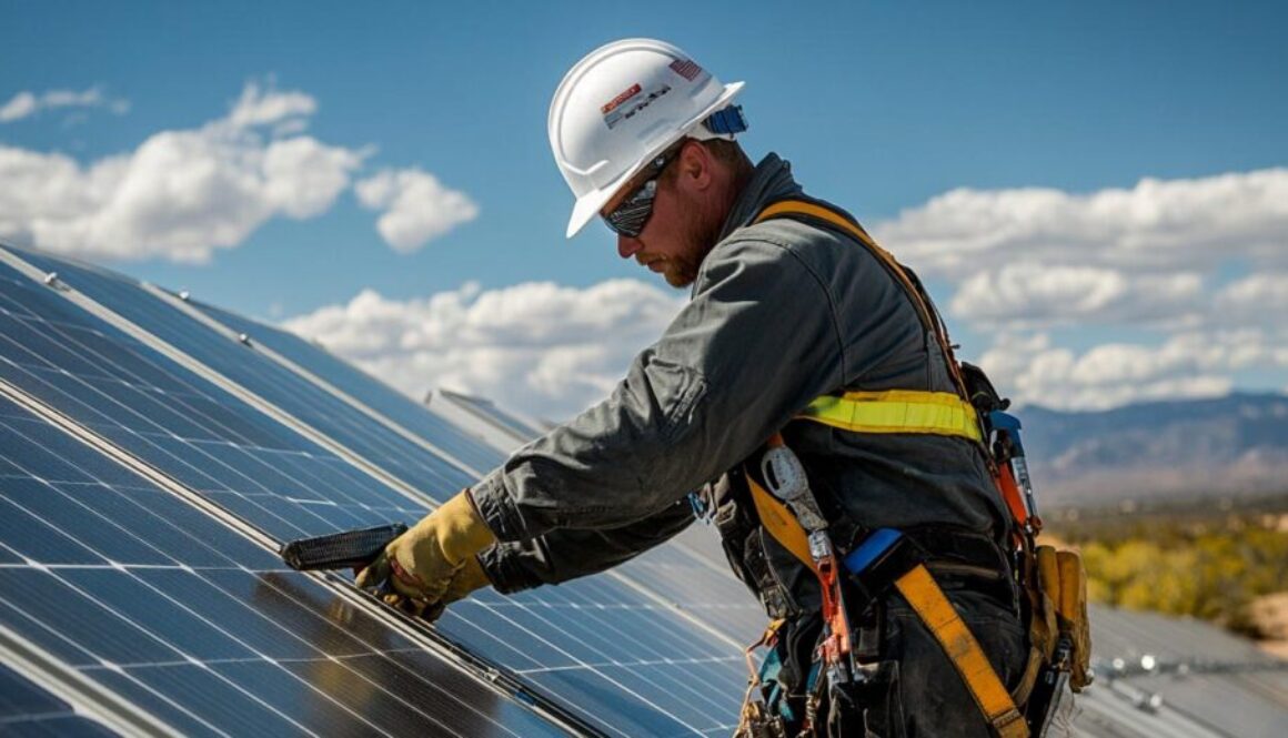 engineer fixing a section of a tracker-based solar array.