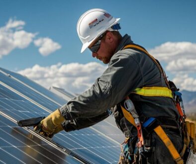 engineer fixing a section of a tracker-based solar array.