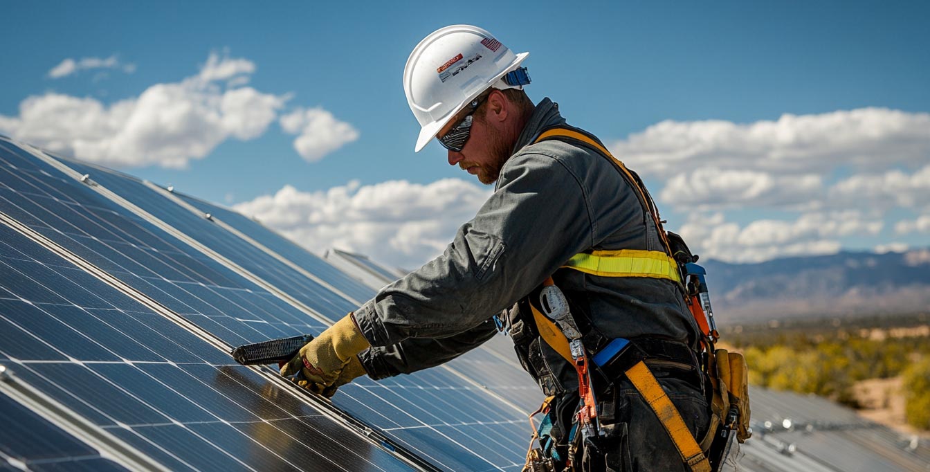 engineer fixing a section of a tracker-based solar array.